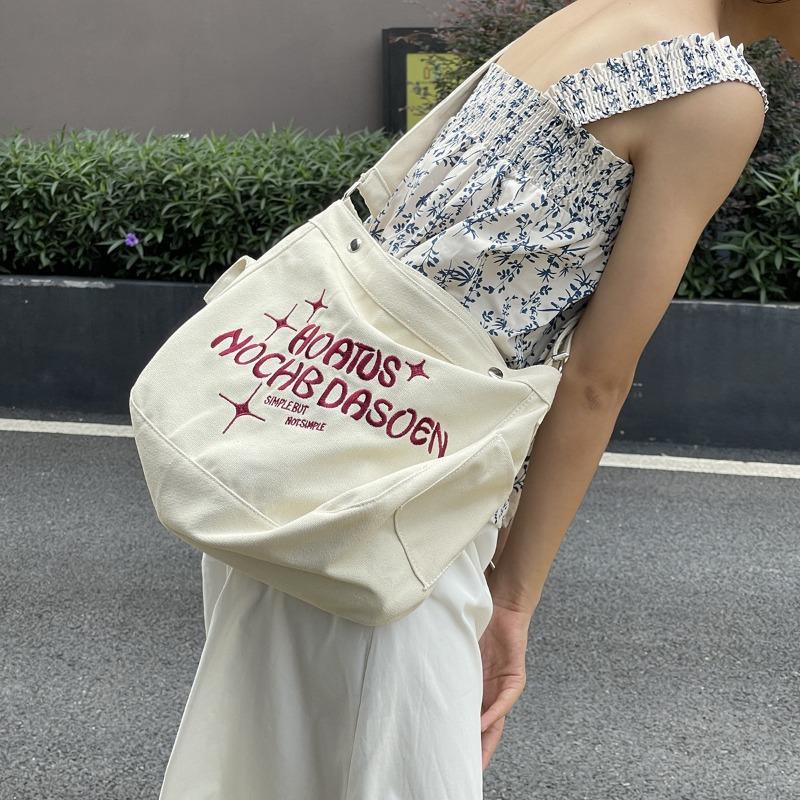 Simple Canvas Bag Large Capacity Shoulder Bag Women's Embroidered Tote Bag Bucket Bag