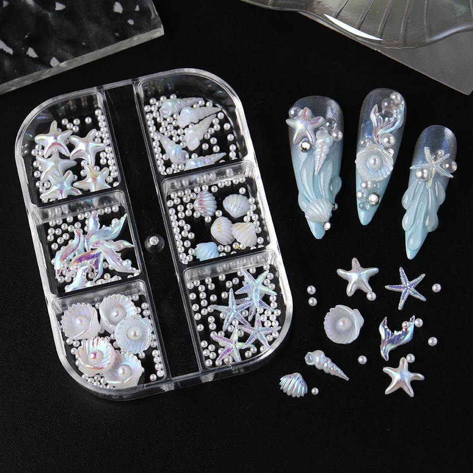 6Grids Pearlescent Shell Nail Charms Mini White Starfish, Shells, Pearl Design Ice-Clear Aurora Ocean Series Nail Rhinestones