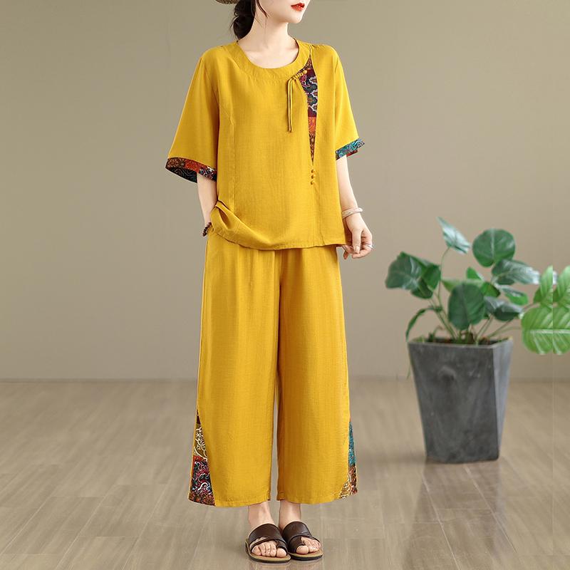 Summer Women's Loose Cotton Linen Patchwork Print T-irt High Waist Wide Leg Pants Two-piece Set Faionable Casual Wear