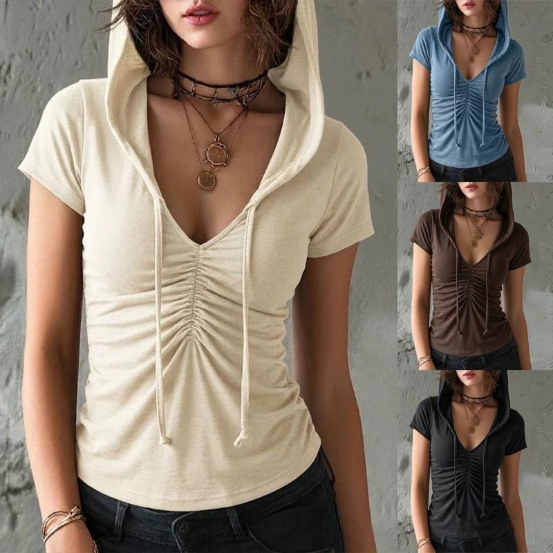 Women S Slim Fit V Neck Short Sleeve Hooded T Shirt