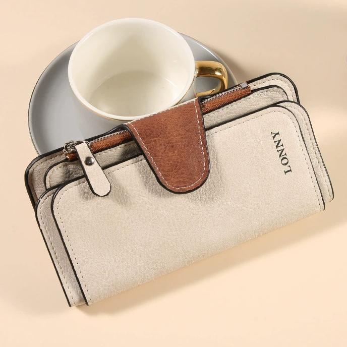 Women Long Wallet Money Clip PU Leather 3 Fold Women's Wallets Clutch Color Blocking Retro Coin Purse Card Holder