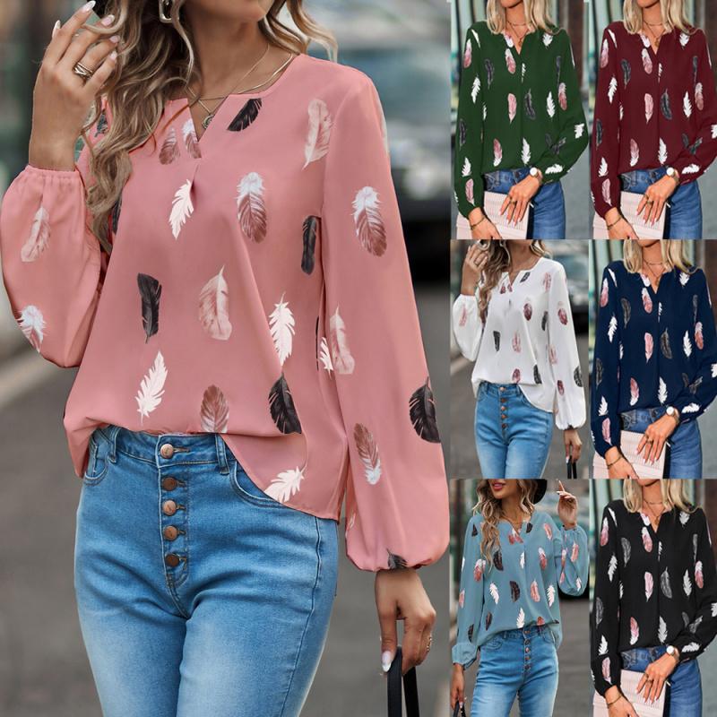 2026 Spring New V-neck Feather Print Long Sleeve Loose T-shirt for Women