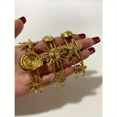 Punk Style Stainless Steel Ocean Series Jewelry for Women Trendy Gold Plated Conch Starfish Double Layer Opening Bracelet