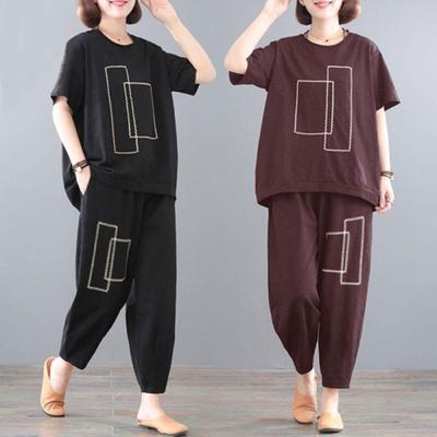 2Pcs/Set Summer Outfit Short Sleeve Sportswear Breathable Trendy Mid-aged Mother Geometric Printing Vintage Outfit Streetwear