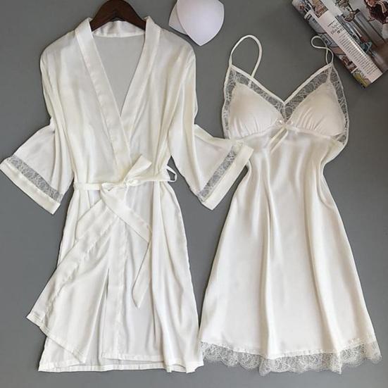 Set Pigiama e Vestaglia da Notte per Donna con Bordi in Pizzo Mini Abito da Notte e Vestaglia a 3/4 Set Pigiama 2 Pezzi Camicia da Notte Sexy Biancheria da Notte per Sposa