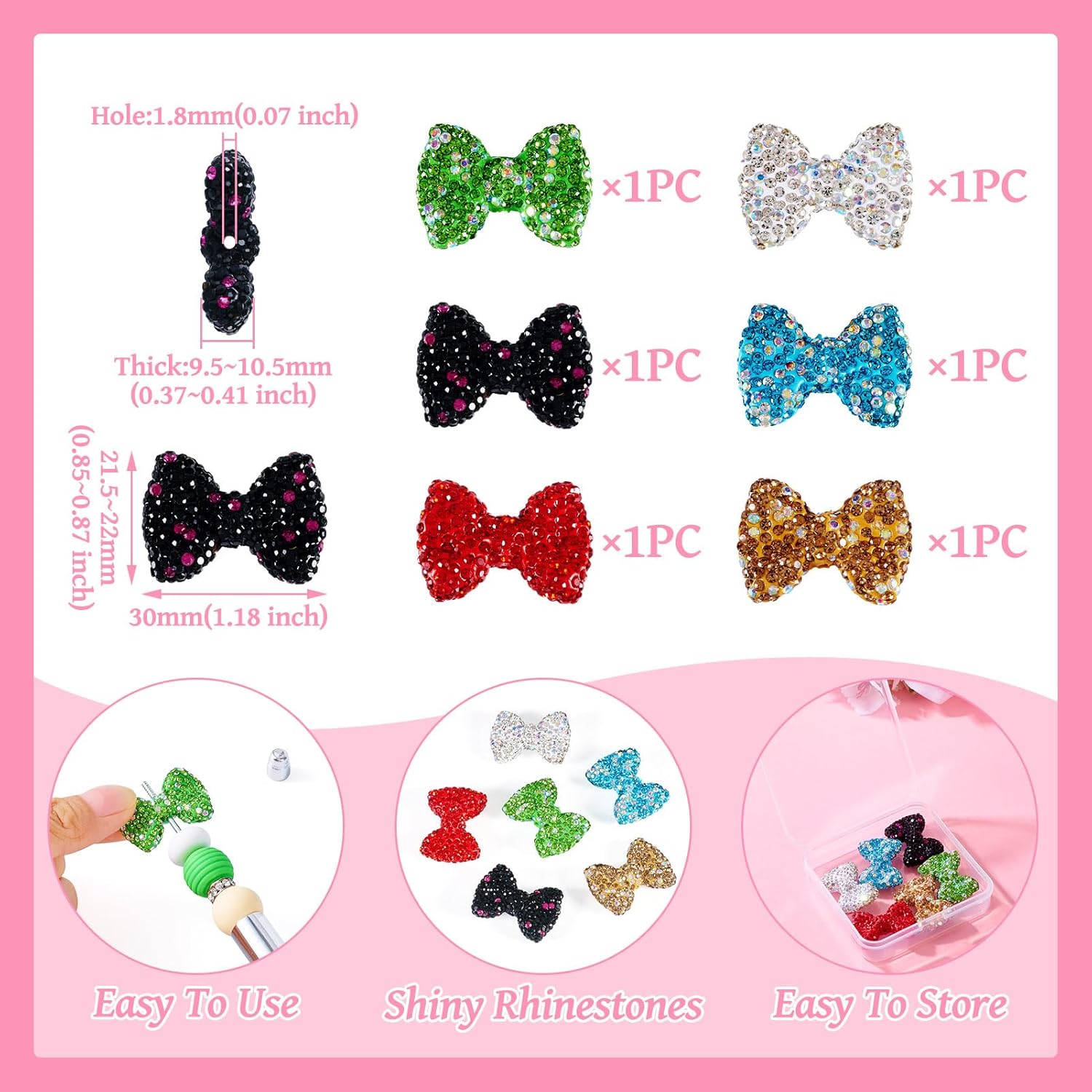 

Craftdady 6Pcs Bowknot Rhinestone Beads - Colorful Butterfly Bow Polymer Clay Crystal Pave Shiny Diamond for DIY Crafts, Beadable Pens, Keychain,