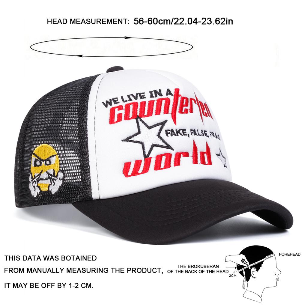 Unisex Star WORLD Angry Expression Embroidery Adjustable Mesh Baseball Hat Breathable Sunscreen Caps Spring Summer Outdoor Sport Travel for Women Men