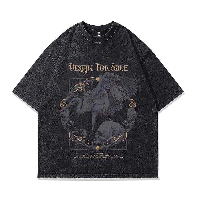 European And American Retro Dark Printed Men'S T-Shirt High Street Trend Vibe Wind Loose Washed Short-Sleeved T-Shirt Men