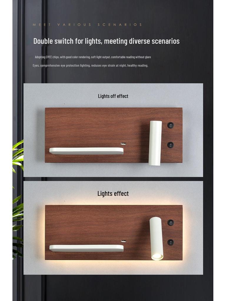 Minimalist LED Bedside Wall Light with Wireless Charger & USB Reading Light