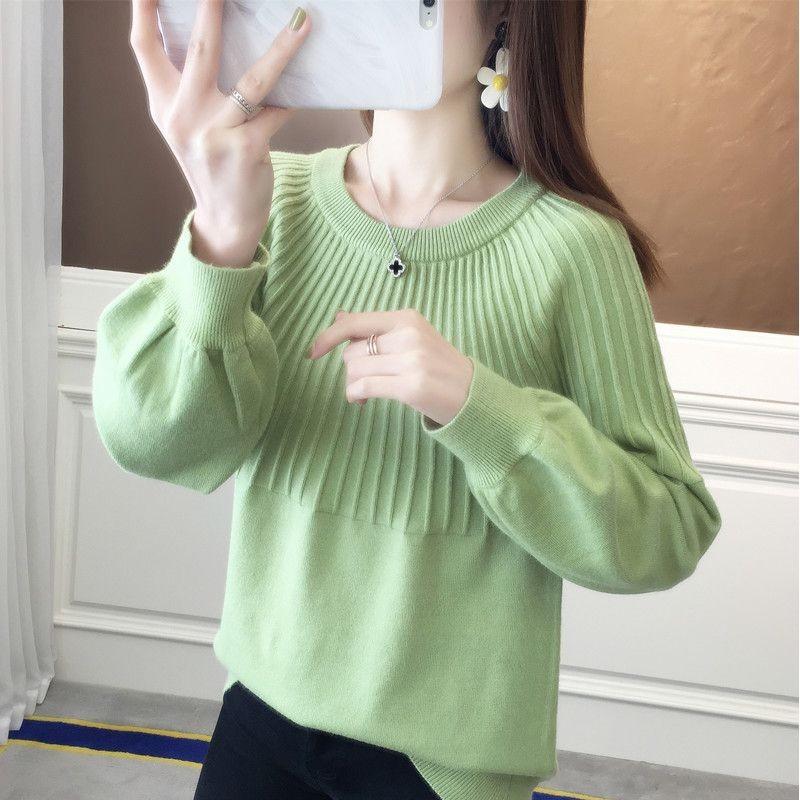 

Круглый вырез свитера женский стиль Гонконг однотонный свитер свободный повседневный вязаный базовый свитер осень и зима One Size зелёный