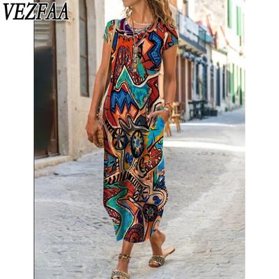 Abiti casual con stampa a fiori, a maniche corte, con scollo a V e vita larga, alla moda estiva da donna