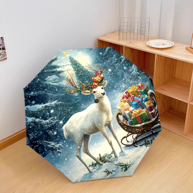 1 PC Automatic Folding Umbrella - Deer with Presents Pattern, Portable & Foldable Design with 8 Ribs, Christmas Birthday Gifts