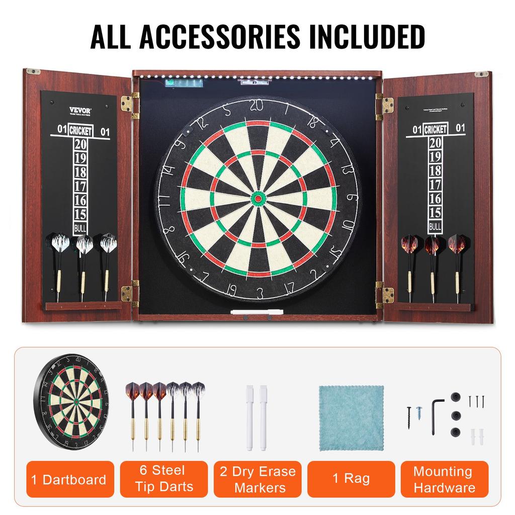 VEVOR Dartboard and Cabinet Set, Ready-to-Play Bundle Official Size Dartboard Cabinet, Steel Tip Dart Hideaway Cabinet, Features LED Light