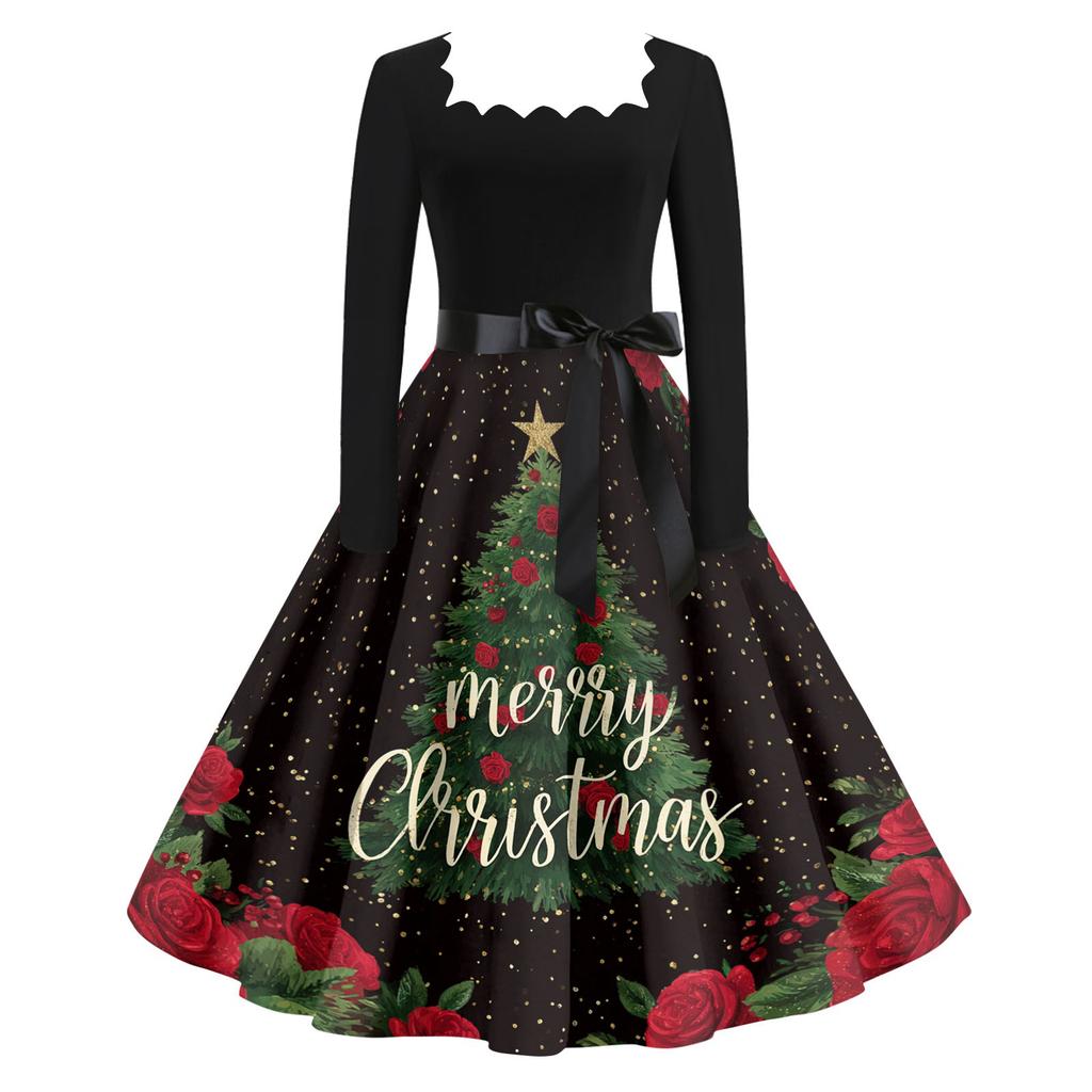 Women's Casual Fashion V Neck Christmas Printed Vintage Dress