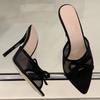 Fashion Black Mesh Design Pointed Toe Bow Slippers Women Sexy Open Toe Thin High Heel Slide Sandals Elegant Comfortable Zapatos De Mujer