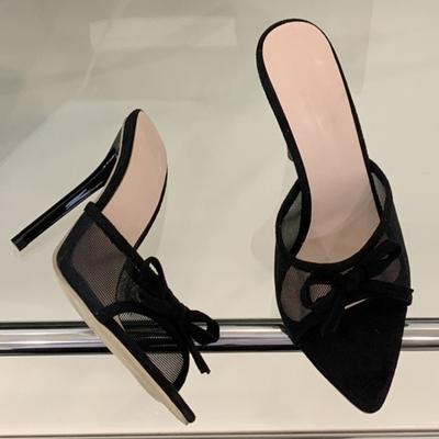 Fashion Black Mesh Design Pointed Toe Bow Slippers Women Sexy Open Toe Thin High Heel Slide Sandals Elegant Comfortable Zapatos De Mujer
