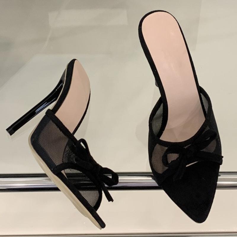 

Модные черные сетчатые туфли-лодочки с острым носком и бантом, женские сексуальные сандалии-слайды с открытым носком и тонким высоким каблуком, элегантные удобные Zapatos De Mujer 42 чёрный