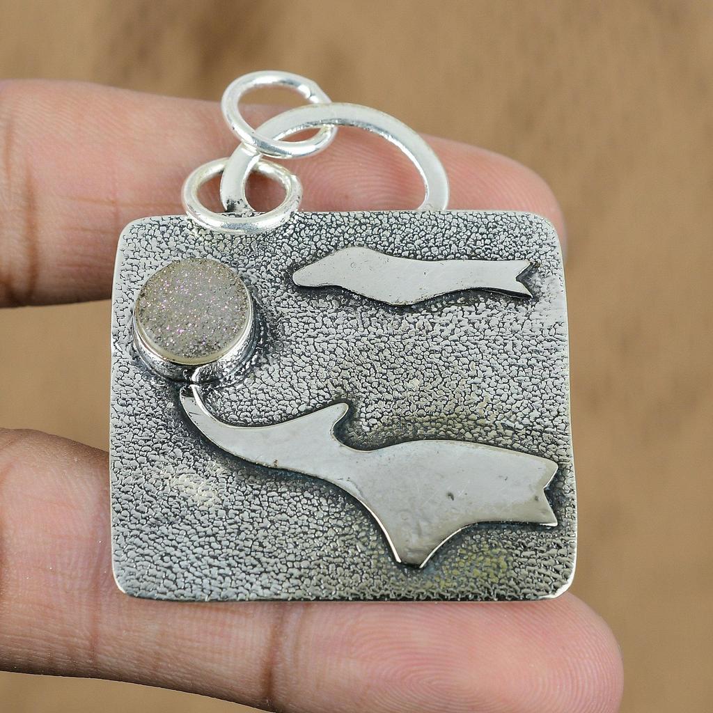 Gift For Women Pendant 925 Sterling Silver Natural Titanium Druzy Gemstone