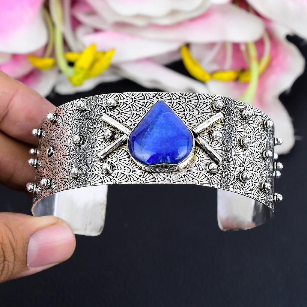 Lapis Lazuli Gemstone Handmade 925 Sterling Silver Cuff Bangle Adjustable KG-1870