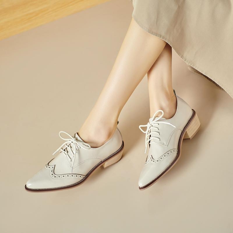 Fashion 2025 Women's European and American New Spring and Autumn Pointed Leather Lace up Middle Heel Retro Blake Lefu Single Shoes