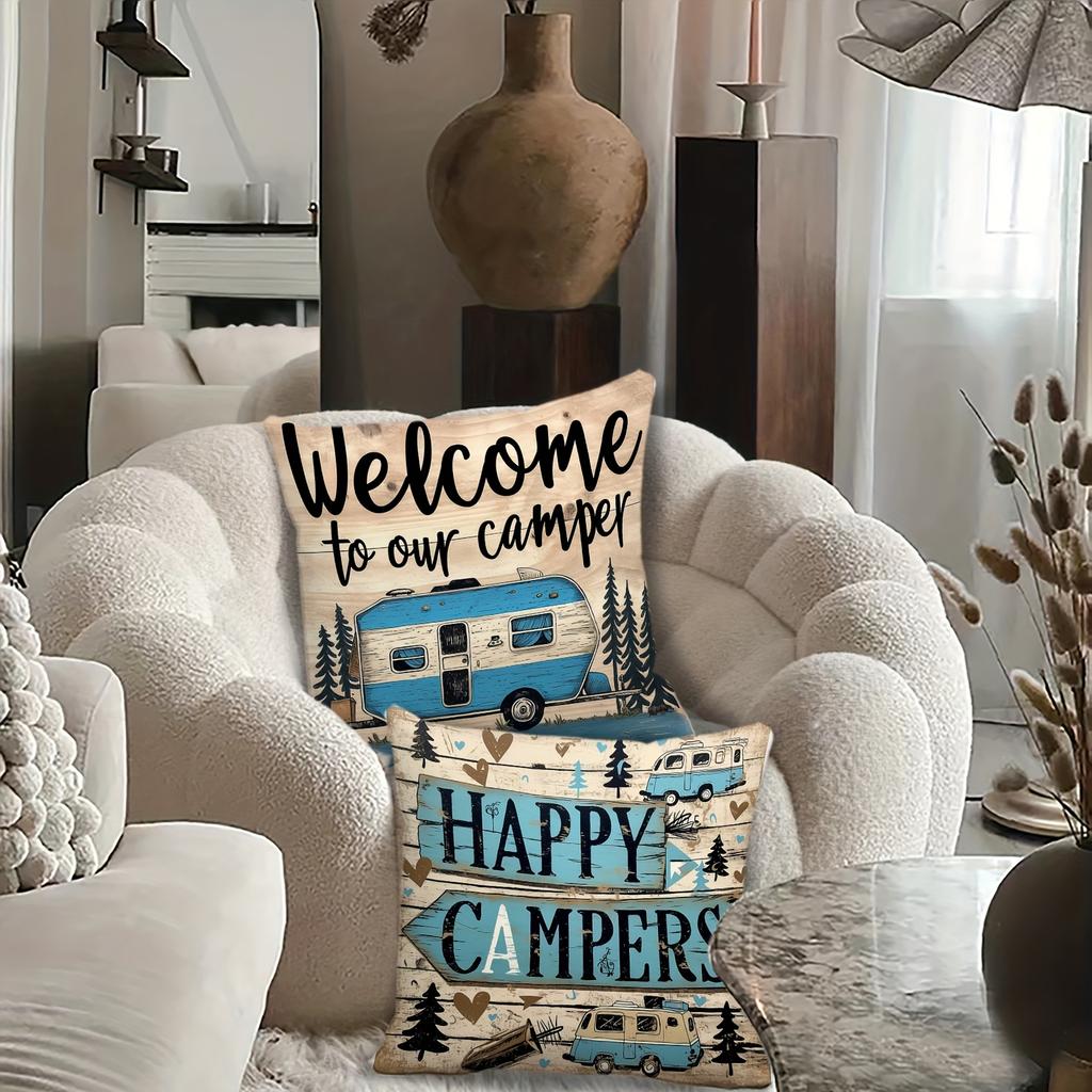 Vintage Country Camping Pillow Covers Square Cushion Covers Camper Vans Pine Trees Adventure Outdoor Nature Home Decor Sofa Room