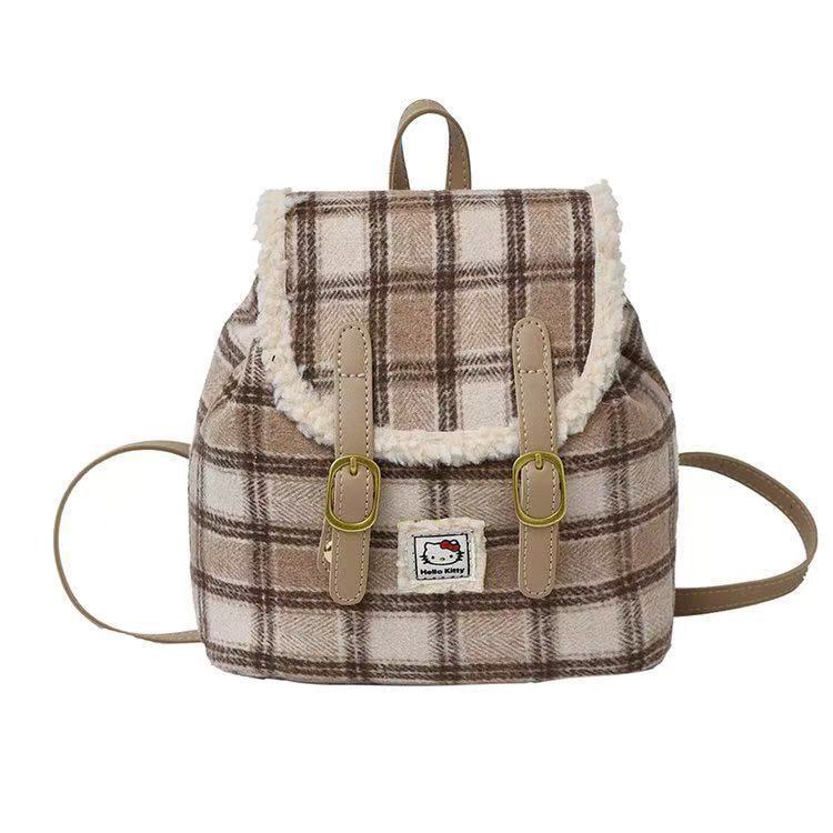 Plush Backpack With Vintage Plaid Design For Daily Use