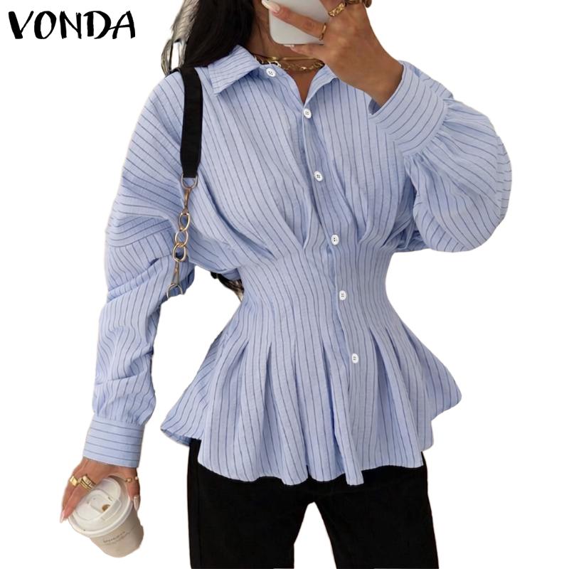 VONDA Womens Casual Lapel Long Sleeve Ruffled Striped Texture Slim Waist Rumple Blouse Shirts Nonelastic