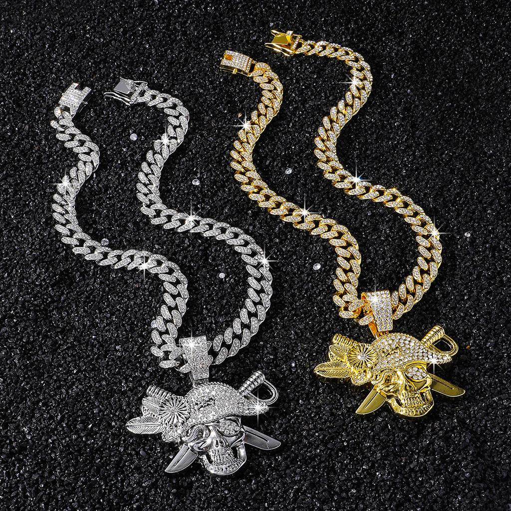 Gothic Bling 3D Pirate Skull Pendant Cuban Link Necklace 14K Gold Silver Plated Iced Punk Men Gift Statement Zinc Alloy Jewelry