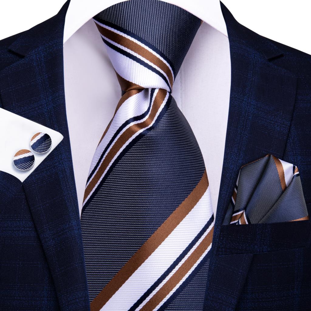 Hi-Tie Navy Blue Striped Silk Wedding Tie For Men Fashion Design Gift Men Necktie Hanky Cufflink Set Business Party Dropshiping