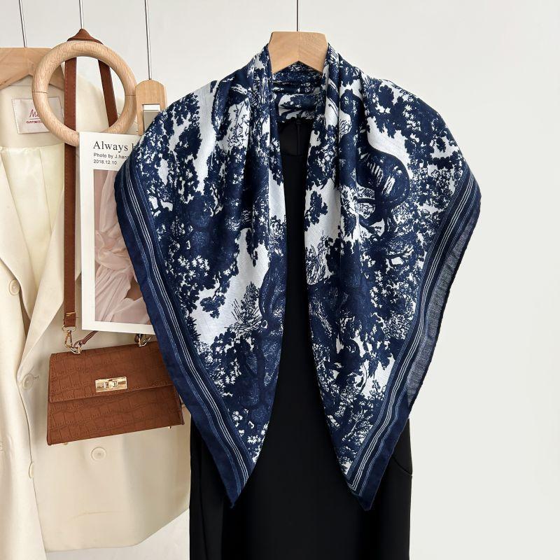 Autumn And Winter White Flower Print Fresh And Elegant 90 Square Scarf Herringbone Shawl Soft Skin-Friendly Warm Scarf
