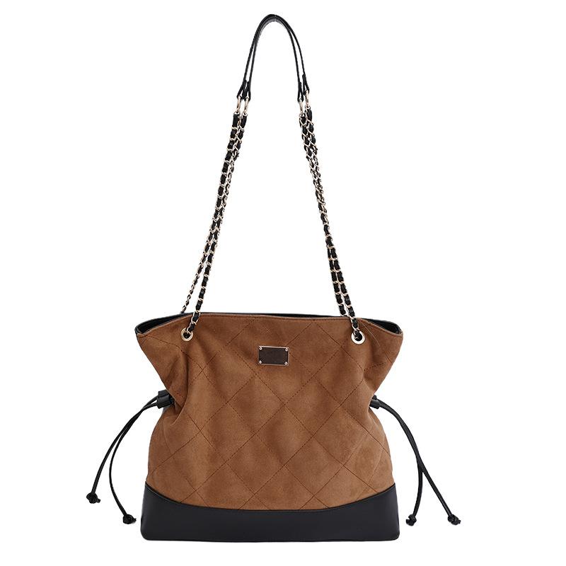 Lingge Chain Bag Vintage Bucket Bag Women's Stitching Shoulder Bag Commuter Crossbody Bag