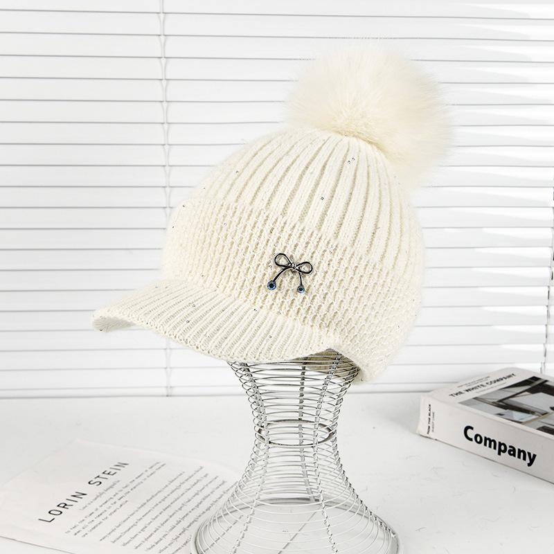 Winter New Duck Tongue Wool Hat Women's Thickened Warm Ear Protection Hairball Knitted Hat Cycling Cold Hat