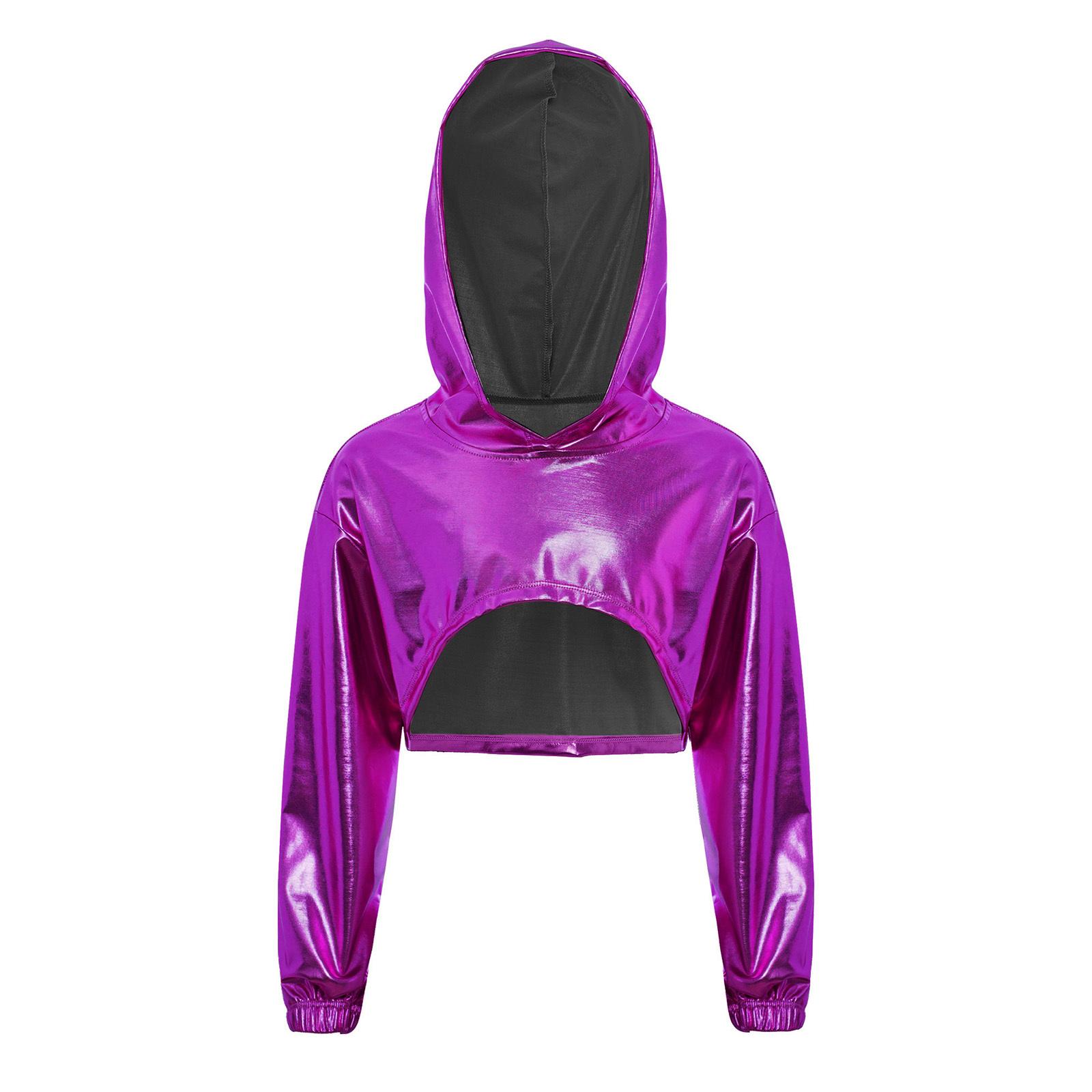

Girls Hip Hop Jazz Dance Performance Costume Asymmetrical Hem Metallic Hoodie Long Sleeve Cropped Top 5-6 Years фіолетовий