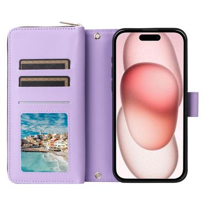R20 Voor iPhone 15 Plus Hoes Ritsvak PU Lederen Cover met 9 Kaartsleuven