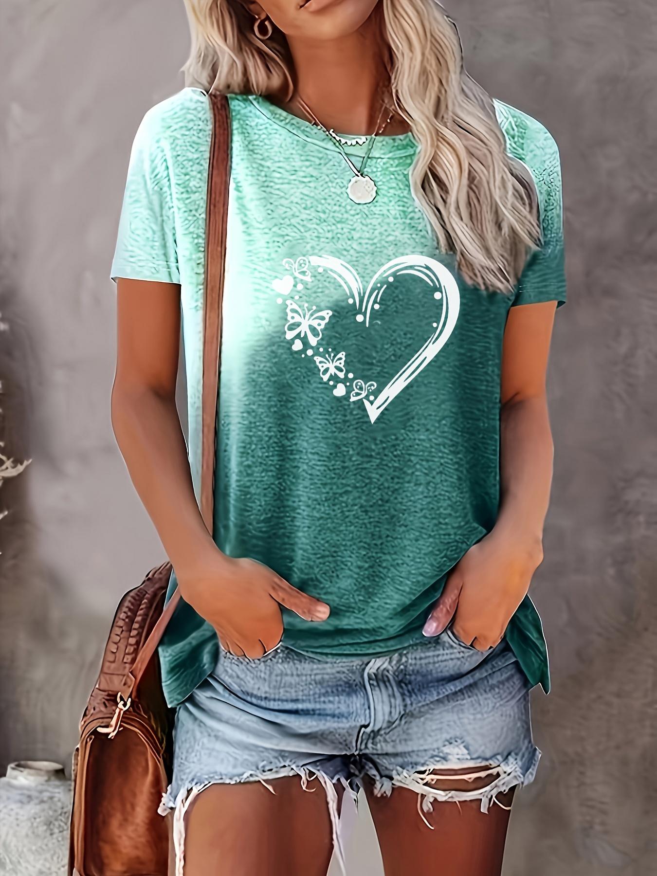 Butterfly ; Heart Print Crew Neck T-Shirt. Casual Short S S дубильная кора