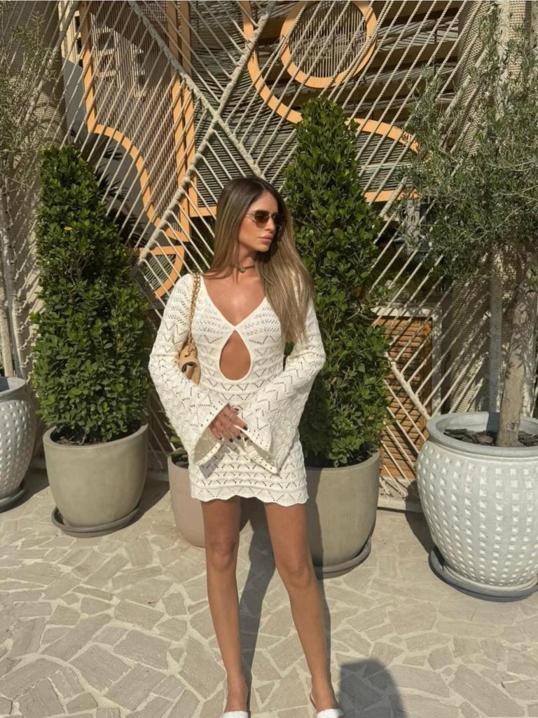Sexy Boho Striped Chic V-neck Cut Out Bell Sleeve Knit Dress 2025 Summer Women Seaside Holiday Mini A-Line Dress K123