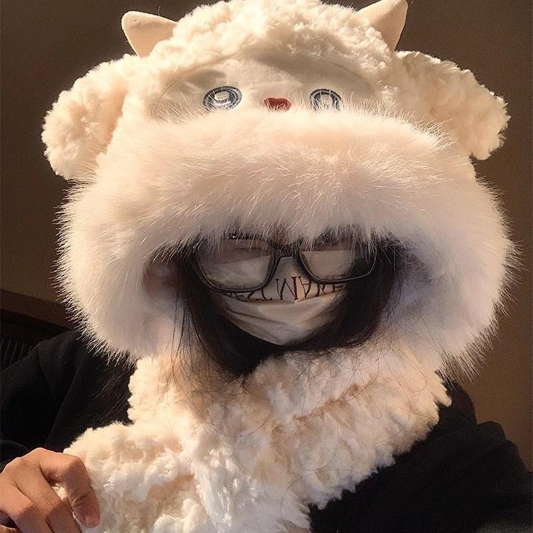 Cute Wool Plush Hat Scarf Integrated for Women Korean Version In Autumn and Winter Thickened Cold and Warm Student Ear Protection Hat Trend