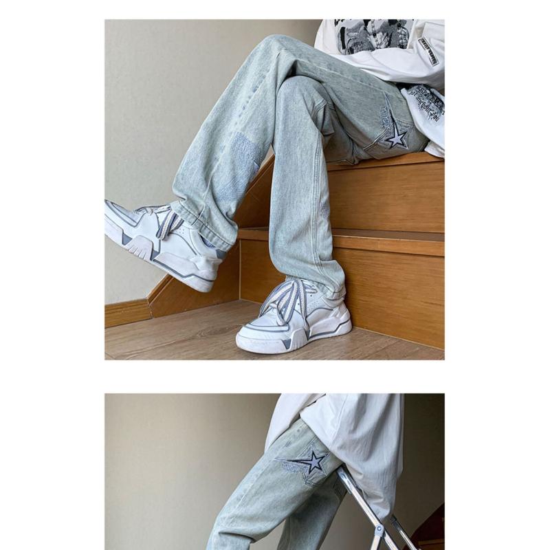 Calças estilo americano vibe high street bordado azul claro estrela jeans design masculino senso calças retas