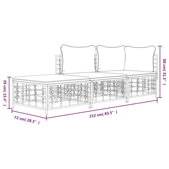 VidaXL Salon de Jardin 3 pcs avec Coussins, Mobiliers de Patio avec Dossier, Ensemble de Canapés, Meubles de Terrasse 3186724