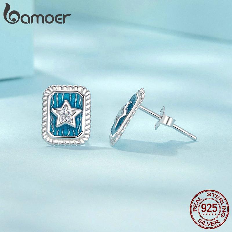 Bamoer Solid 925 Sterling Silver Vintage Star CZ Stud Earrings for Women Gift Retro Denim Blue Enamel Earrings