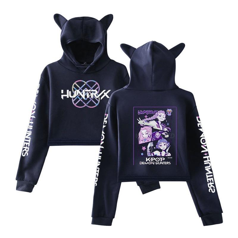 Kpop Demon Hunters Crop Tops Cat Ears Sweatshirt Long Sleeve Girls Fashion Hoodie Autumn Winter