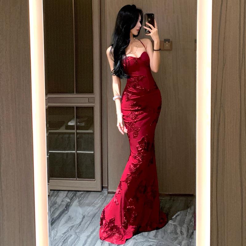Sexy Lace Embroidery Slim Fit Hip Halter Strap Temperament Dress Birthday Party Dress Dress S бордовый