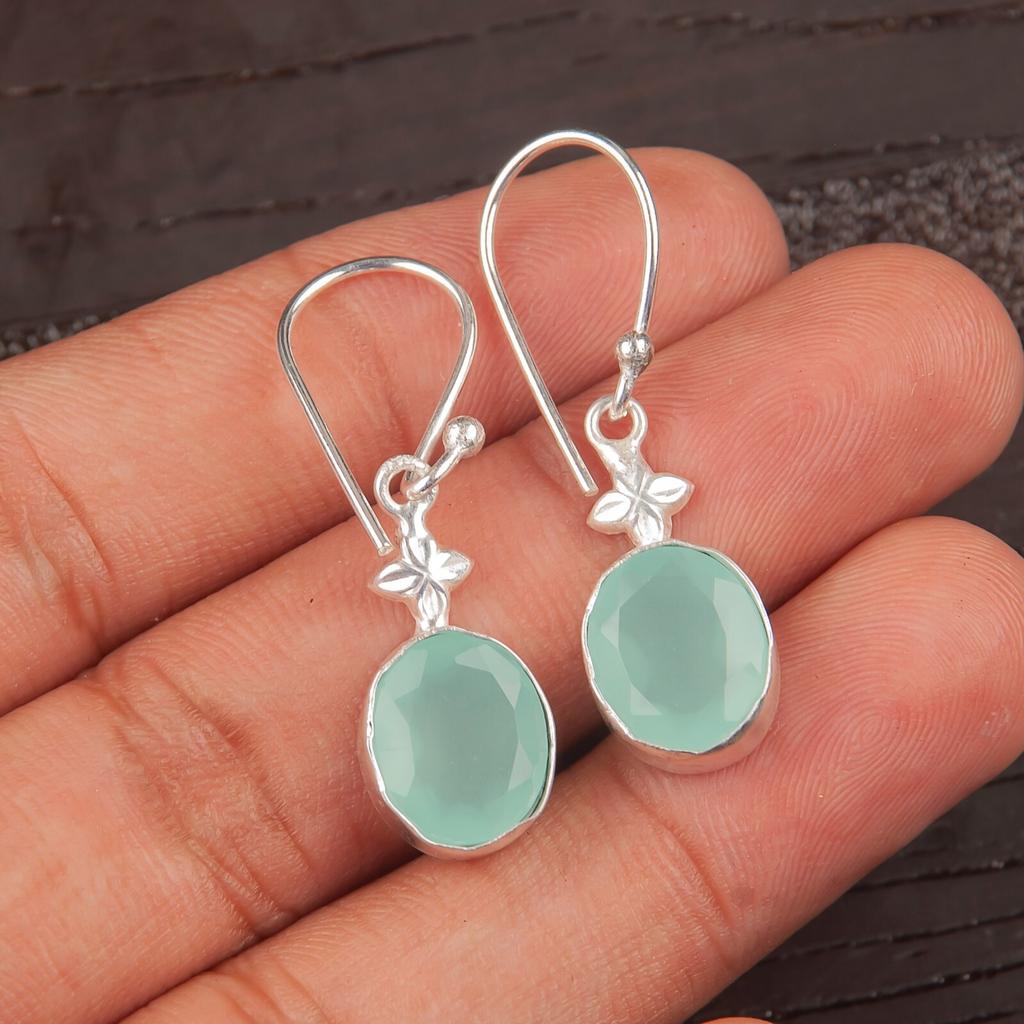 Akwamarinowy Kamień Szlachetny Biżuteria ze Srebra Próby 925 Ręcznie Robione Kolczyki 1,30" EE-6-15