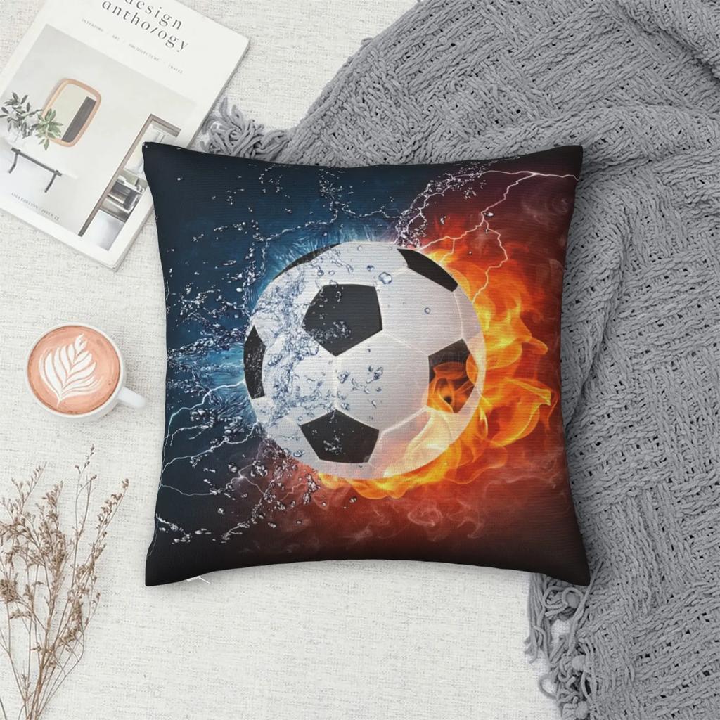 Soccer Ball In Fire and Water Throw Pillow Case Cushion Cover Soft Pillowcase for Bed Couch Sofa Office Car Decor 18x18 Inches