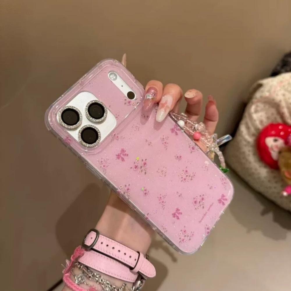 Korean Style Premium Glitter Floral Case for iPhone 17 Pro Max iPhone 16 Pro Max Full Screen Sparkle Design