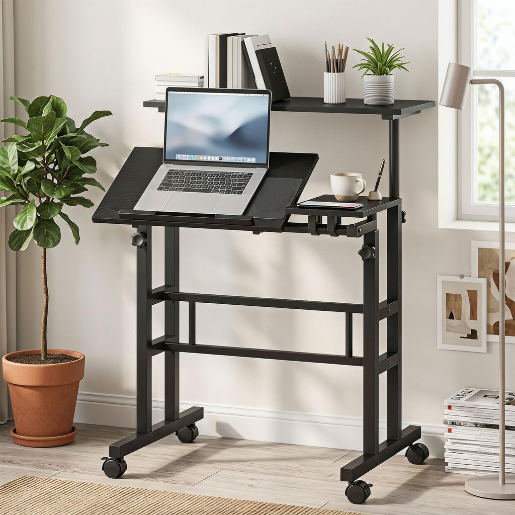 Sit-Stand Desk, Height-Adjustable, 70 x 60 cm, on Casters, Tilting Top, Black Metal Frame