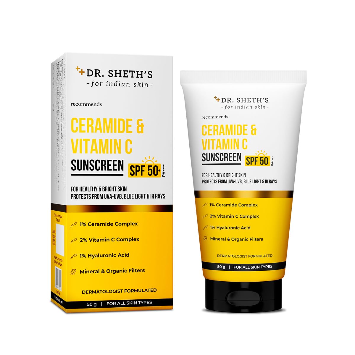 

Dr. Sheth s Ceramide & Vitamin C Sunscreen SPF 50+ PA+++ 50g For Bright Skin Glow & UVA Protection