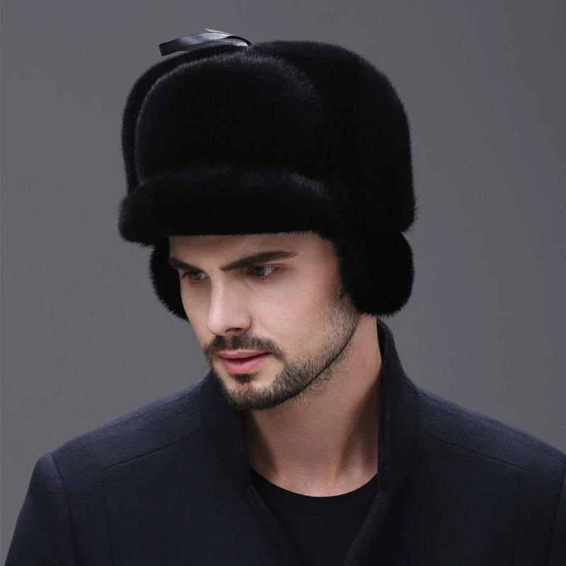 Mink Hat Male Whole Mink Winter Middle-aged and Elderly Leather Ear Protection Mink Fur Cotton Hat Warm in Winter
