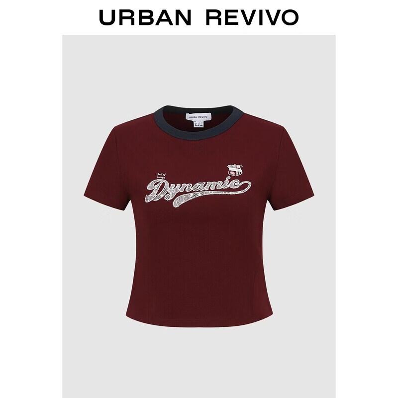 

UR 2026 Spring Retro Color-Block Lace Embroidered Short T-Shirt S