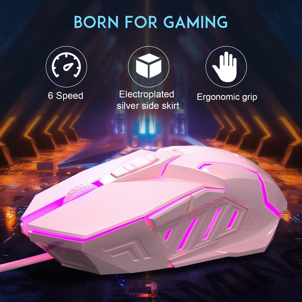 MageGee G10 Gaming Breathing LED 6 Adjustable DPI Settings To 3200 Ergonomic Optical Computer 7 for Windows PC Pink Mouse, Wired, 7-Color Backlight,
